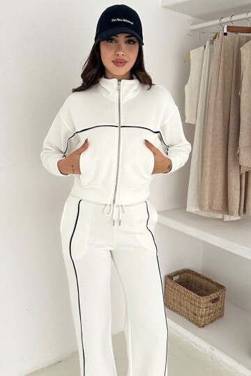 Kontrast Dikişli Fermuarlı Crop Sweat Ve Geniş Paça Eşofman Takım