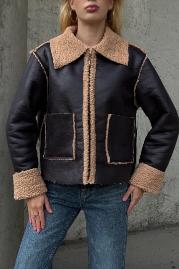 Koyu Kahve Çift Cepli İçi Suni Kürklü Suni Deri Biker Ceket