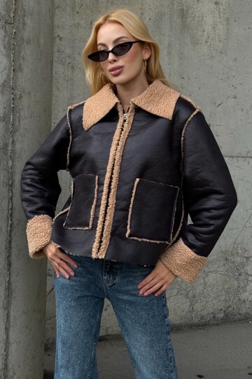 Koyu Kahve Çift Cepli İçi Suni Kürklü Suni Deri Biker Ceket