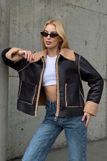 Koyu Kahve Çift Cepli İçi Suni Kürklü Suni Deri Biker Ceket
