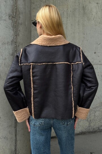 Koyu Kahve Çift Cepli İçi Suni Kürklü Suni Deri Biker Ceket