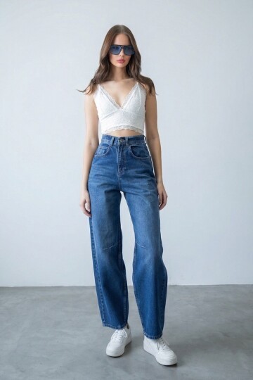 Koyu Mavi 5 Cepli Bol Paça Baggy Jean