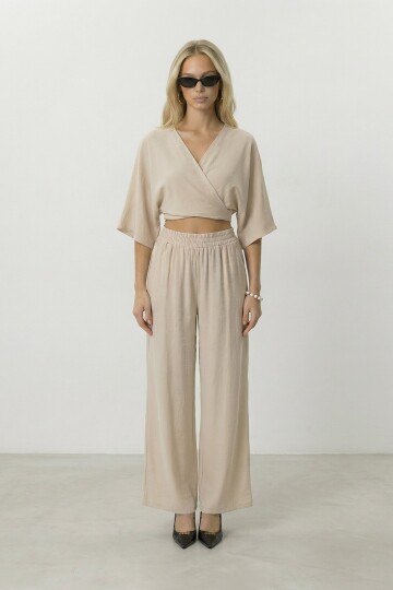 Kruvaze Yaka Bluz Ve Pantolon Takım