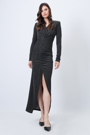 Kruvaze Yaka Drapeli Yırmaçlı Midi Boy Simli Elbise