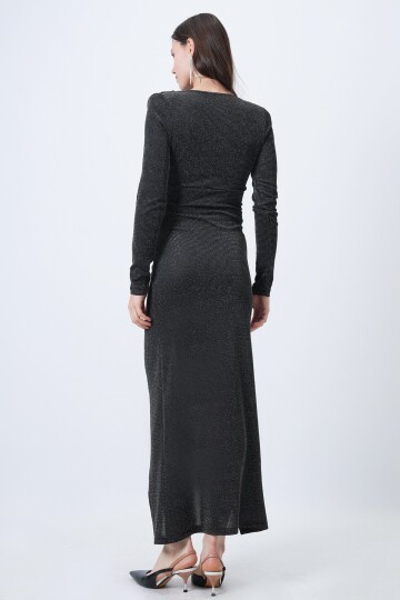 Kruvaze Yaka Drapeli Yırmaçlı Midi Boy Simli Elbise