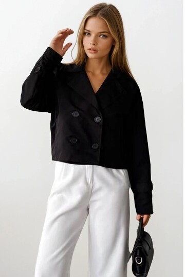Kruvaze Yaka İçi Astarlı Kısa Trenç Ceket