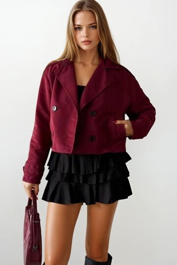 Kruvaze Yaka İçi Astarlı Kısa Trenç Ceket