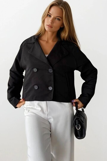 Kruvaze Yaka İçi Astarlı Kısa Trenç Ceket