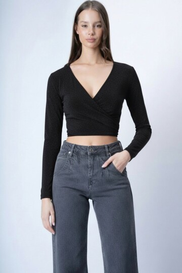 Kruvaze Yaka Simli Crop Bluz