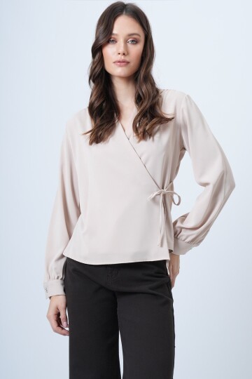 Kruvaze Yaka Yandan Bağlamalı Bluz