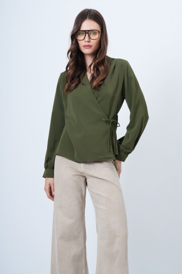 Kruvaze Yaka Yandan Bağlamalı Bluz