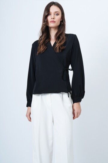 Kruvaze Yaka Yandan Bağlamalı Bluz