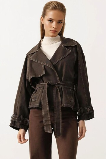 Kuşak Bağlamalı Astarlı Yıkamalı Denim Ceket