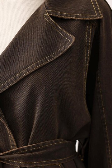 Kuşak Bağlamalı Astarlı Yıkamalı Denim Ceket