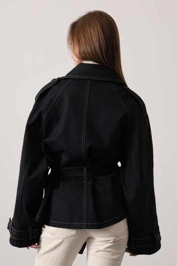 Kuşak Bağlamalı Astarlı Yıkamalı Denim Ceket