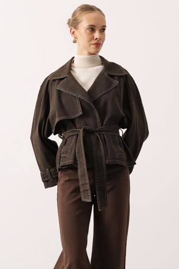 Kuşak Bağlamalı Astarlı Yıkamalı Denim Ceket