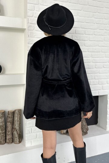 Kuşak Detaylı Peluş Kaban