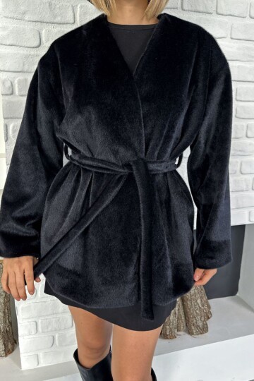 Kuşak Detaylı Peluş Kaban