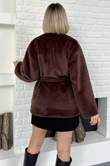 Kuşak Detaylı Peluş Kaban