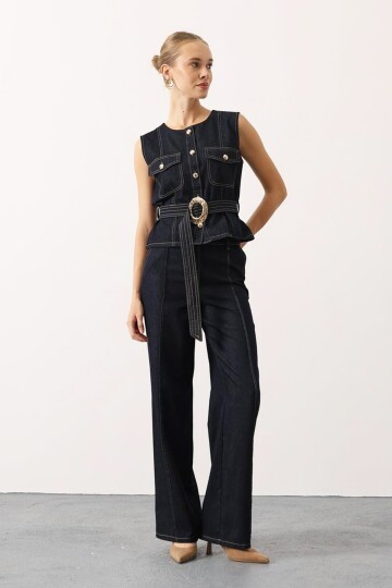 Kuşaklı Denim Bluz ve Çımalı Pantolon Denim Takım