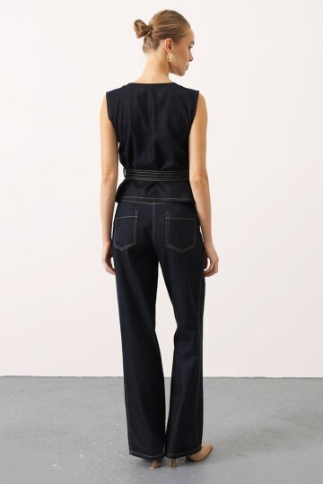 Kuşaklı Denim Bluz ve Çımalı Pantolon Denim Takım