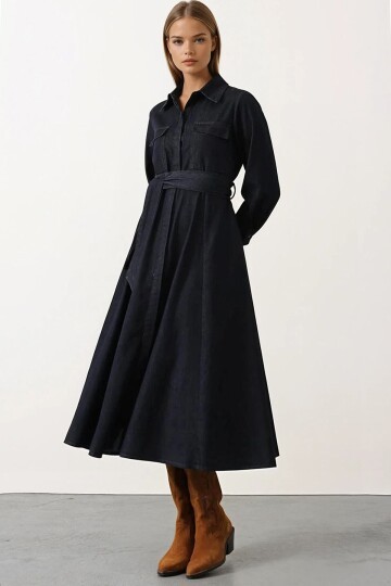 Kuşaklı Düğme Kapamalı Midi Boy Denim Elbise