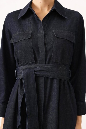 Kuşaklı Düğme Kapamalı Midi Boy Denim Elbise