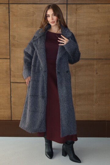Kuşaklı Oversize Tüylü Şal Yaka Peluş Dokulu Uzun Kaban
