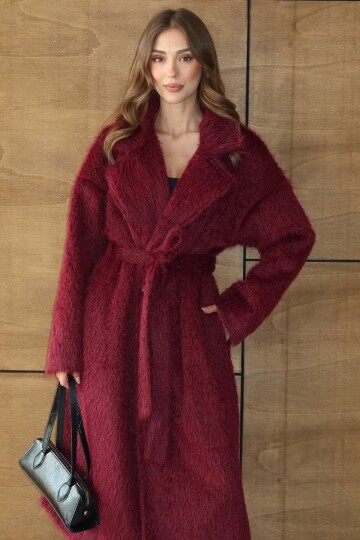 Kuşaklı Oversize Tüylü Şal Yaka Peluş Dokulu Uzun Kaban