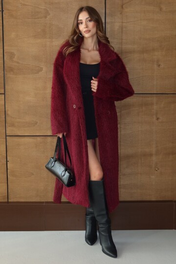 Kuşaklı Oversize Tüylü Şal Yaka Peluş Dokulu Uzun Kaban