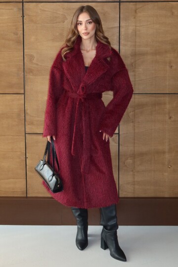 Kuşaklı Oversize Tüylü Şal Yaka Peluş Dokulu Uzun Kaban