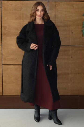 Kuşaklı Oversize Tüylü Şal Yaka Peluş Dokulu Uzun Kaban