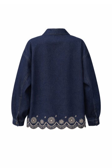 Lacivert Çift Cepli Düğme Kapamalı Etnik Nakışlı Oversize Jean Ceket