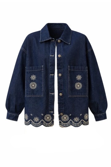 Lacivert Çift Cepli Düğme Kapamalı Etnik Nakışlı Oversize Jean Ceket