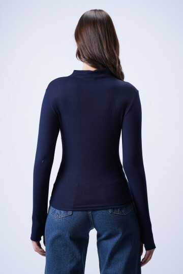 Lacivert Likralı Çımalı Bluz