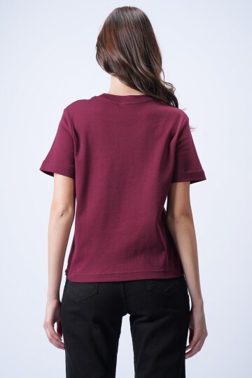 Bordo Likralı Kısa T-Shirt