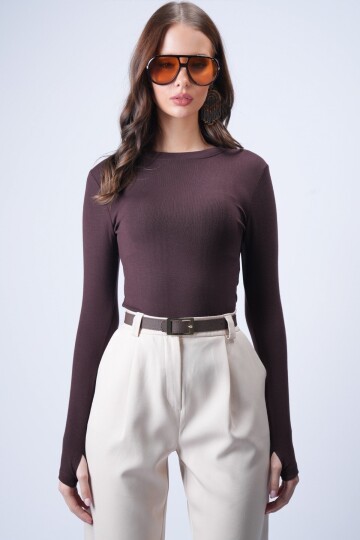 Acı Kahve Likralı Uzun Kollu Bluz