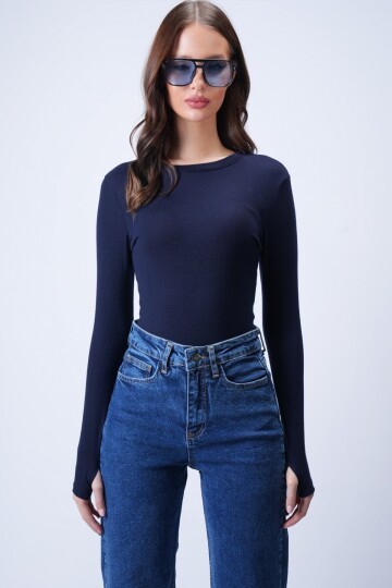 Lacivert Likralı Uzun Kollu Bluz