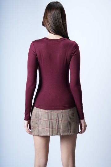 Bordo Likralı Uzun Kollu Bluz
