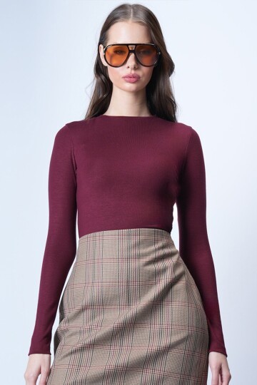 Bordo Likralı Uzun Kollu Bluz