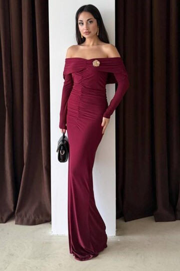 Madonna Yaka Drapeli Aksesuar Detaylı Maxi Boy Elbise