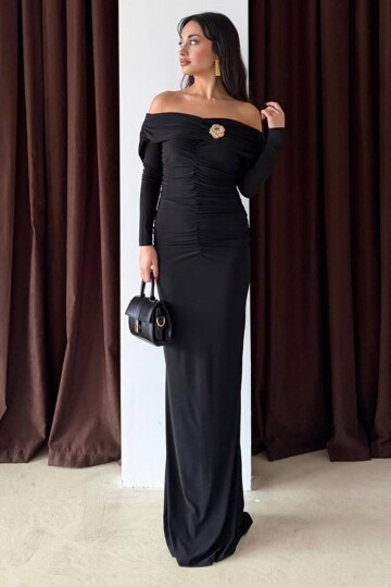 Madonna Yaka Drapeli Aksesuar Detaylı Maxi Boy Elbise