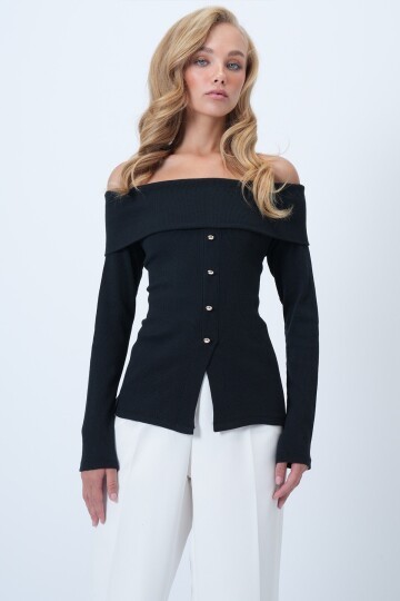 Madonna Yaka Önü Yırtmaçlı Örme Bluz