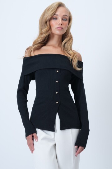 Madonna Yaka Önü Yırtmaçlı Örme Bluz