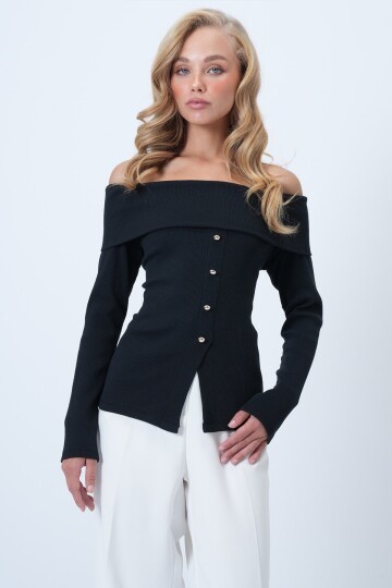 Madonna Yaka Önü Yırtmaçlı Örme Bluz