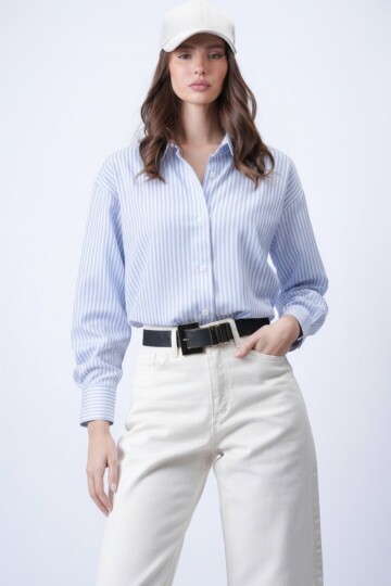 Mavi Oval Kesim Çizgili Oversize Gömlek