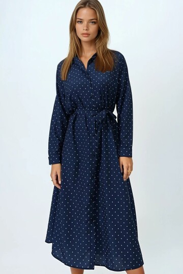 Okyanus Mavisi Puantiye Desenli Dokuma Viscon Gömlek Elbise