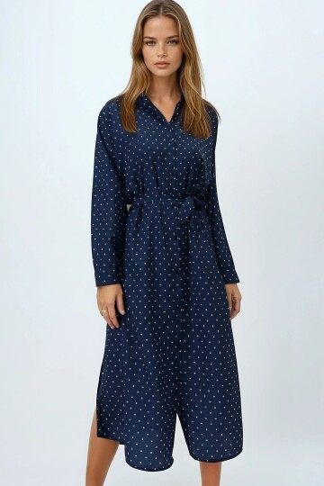 Okyanus Mavisi Puantiye Desenli Dokuma Viscon Gömlek Elbise