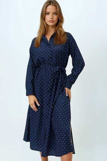 Okyanus Mavisi Puantiye Desenli Dokuma Viscon Gömlek Elbise