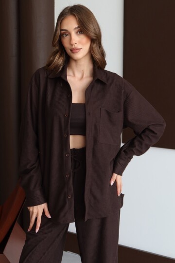 Oversize Düğmeli Cepli Rahat Kesim Dokulu Uzun Kollu Gömlek